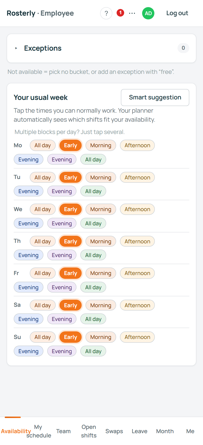 The employee app on a phone showing the availability screen: each day of the week with buttons for morning, afternoon, evening and all day, and a bottom bar with My schedule, Team, Open shifts, Swaps, Leave, Month and Me.